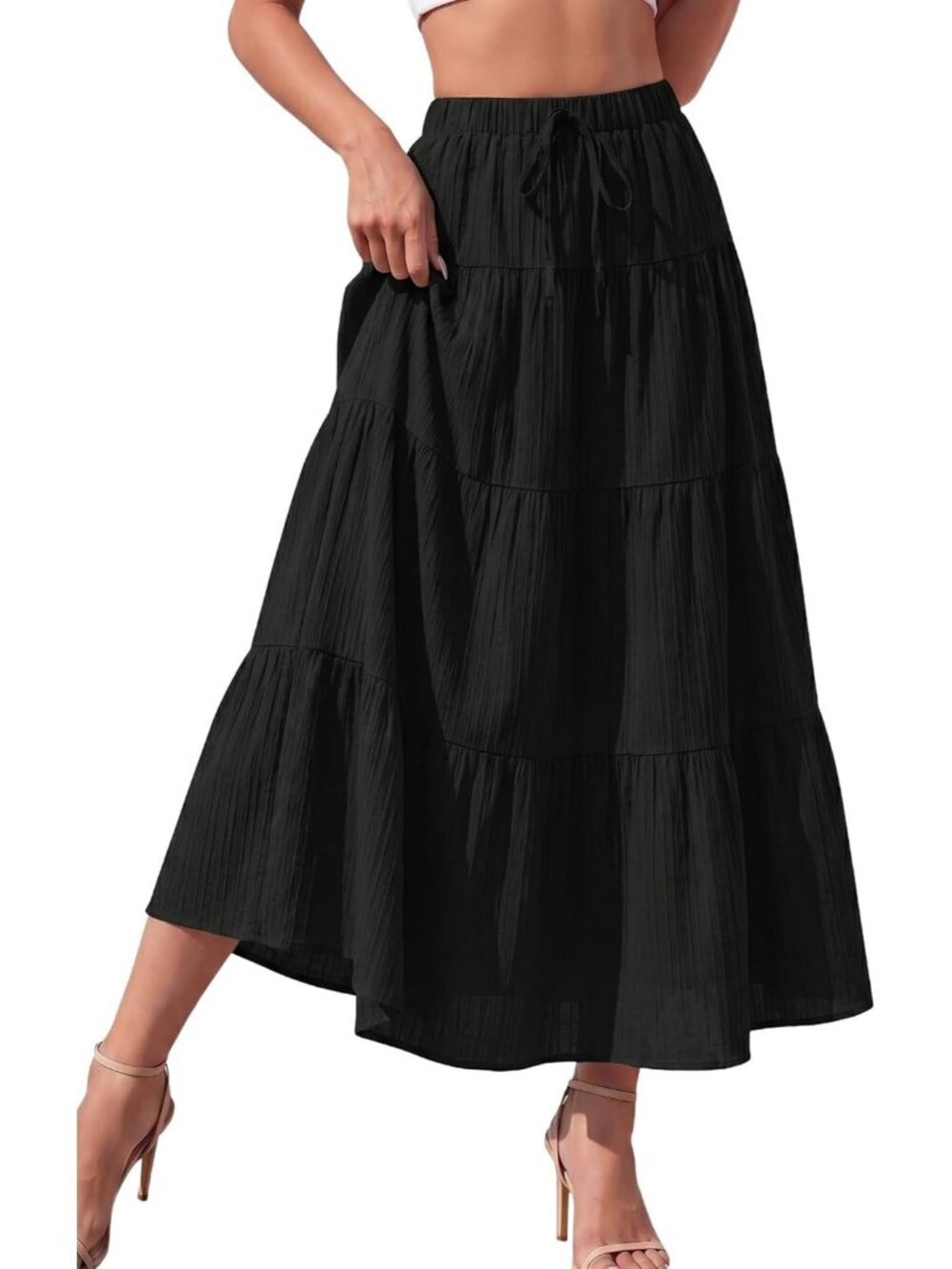 Women Black Boho Flowy Tiered Ruffle Elastic High Waist Pull On Long Skirt
